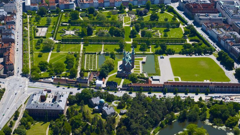 Arial shot of King's Garden and Rosenborg Castle in central Copenhagen.